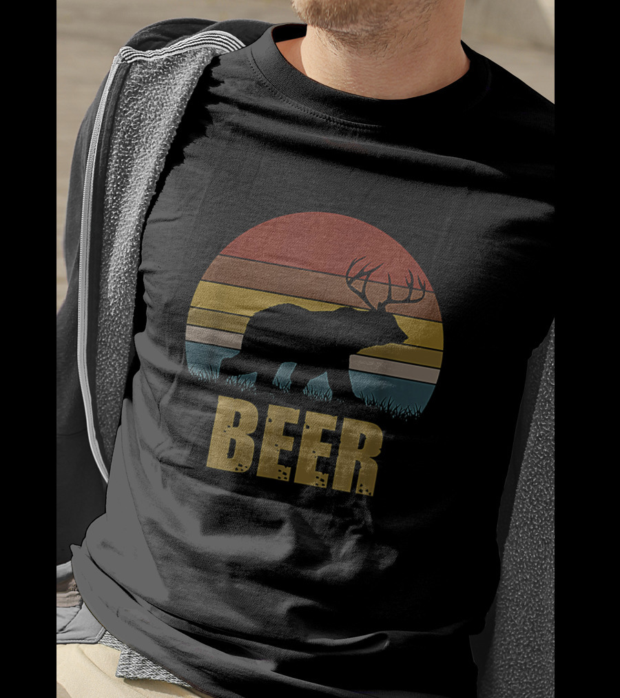 Retro Deer Bear Silhouette With Antlers Sunset Design Beer T-Shirt