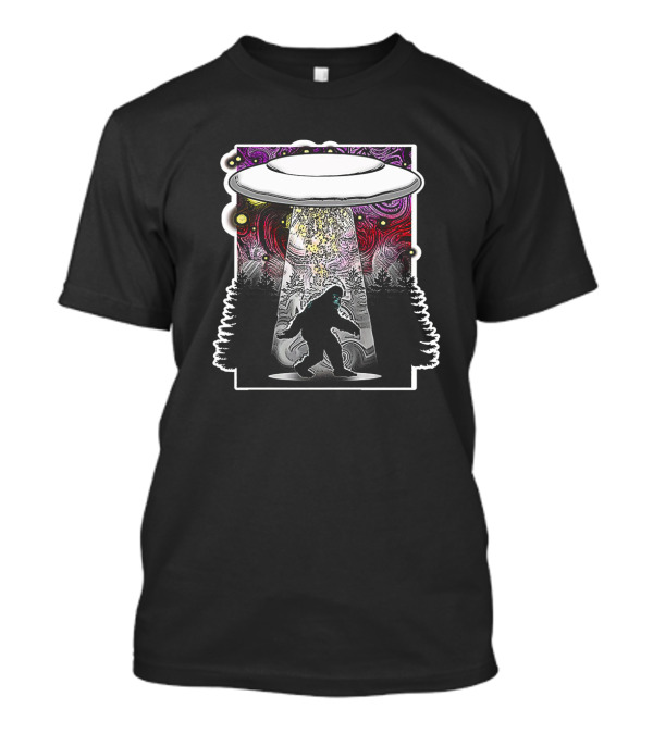 Extraterrestrial Flying Saucer Abducting Sasquatch In Psychedelic Forest Scene T-Shirt