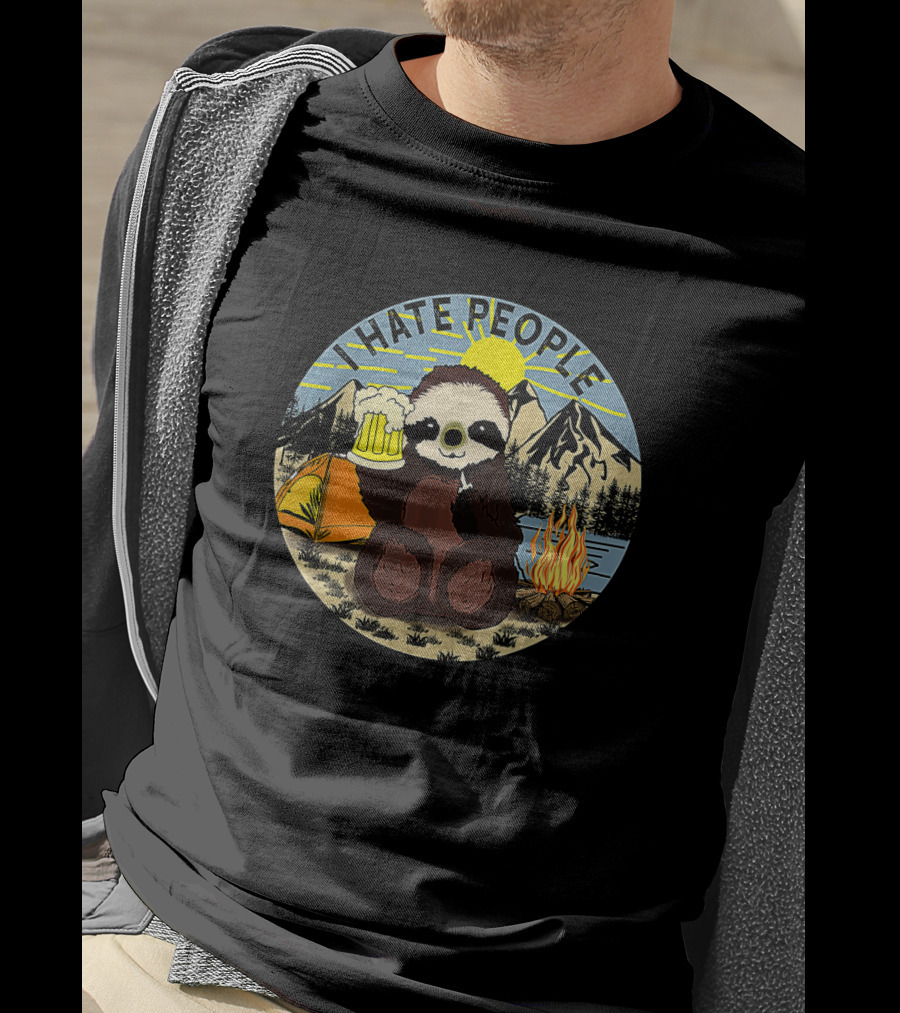 Sloth Holding Beer In Mountain Camping Scene With I Hate People Text T-Shirt