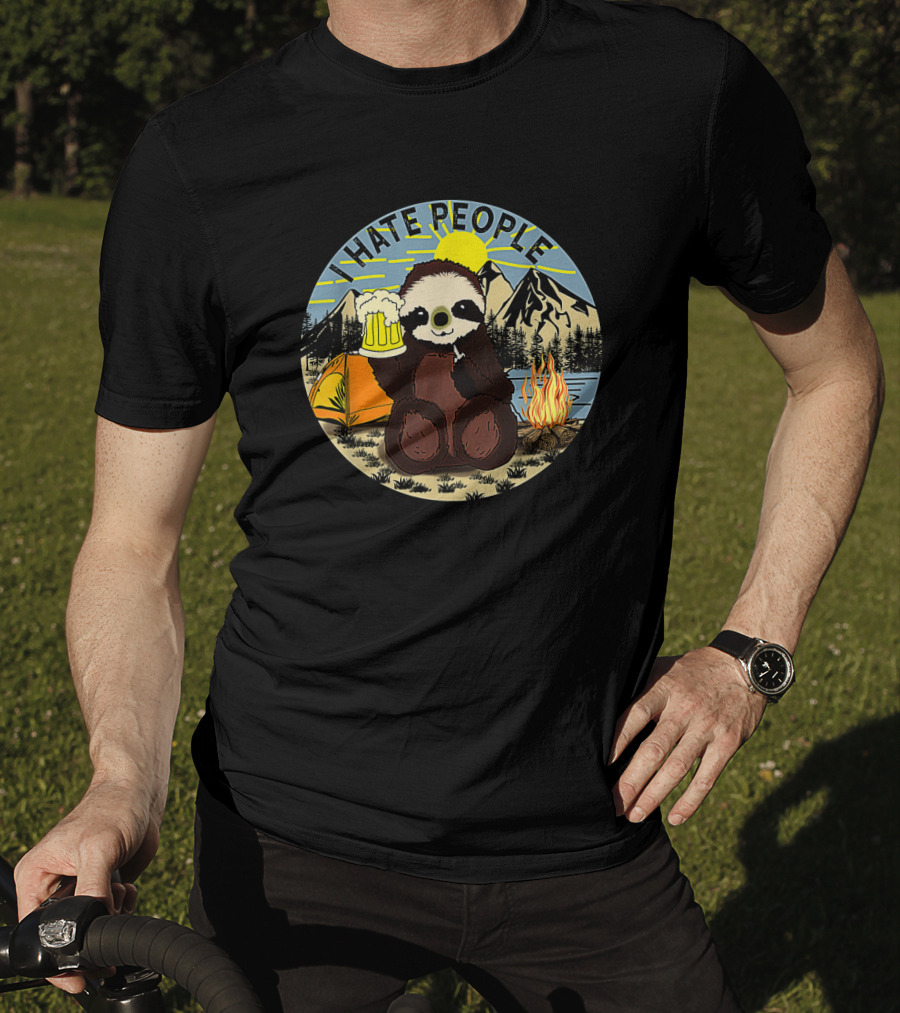 Sloth Holding Beer In Mountain Camping Scene With I Hate People Text T-Shirt