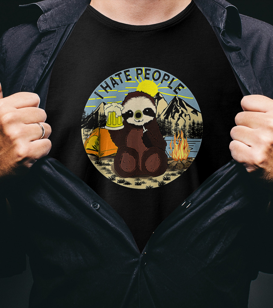 Sloth Holding Beer In Mountain Camping Scene With I Hate People Text T-Shirt