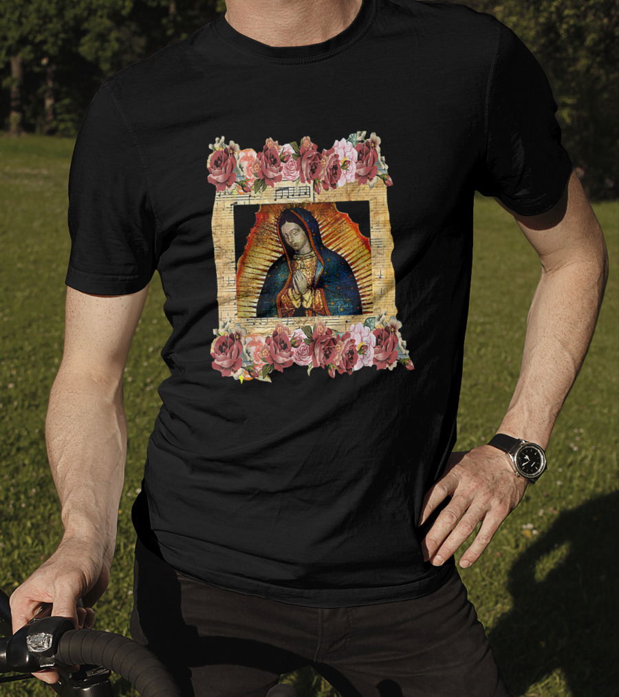 Our Lady Of Guadalupe Virgin Mary Floral Frame With Sheet Music Background Mexico T-Shirt