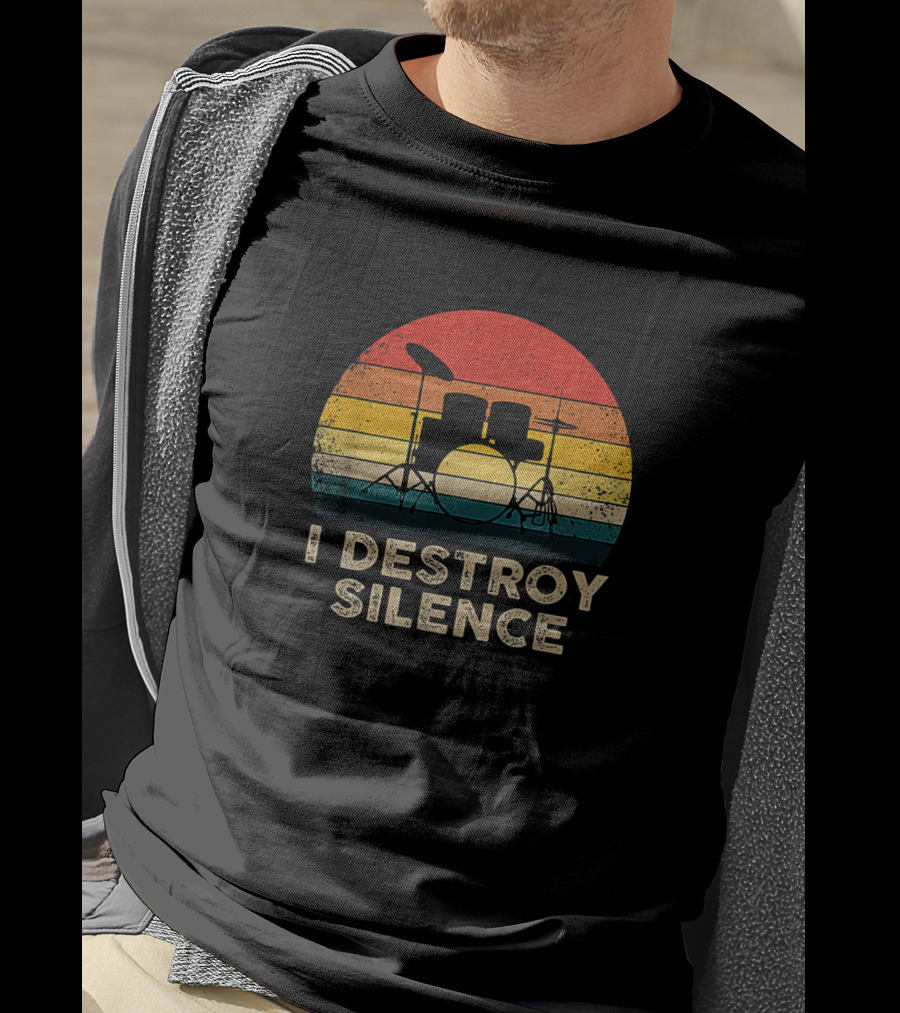 Vintage Drum Set Silhouette I Destroy Silence Drummer Retro Sunset Stripes T-Shirt
