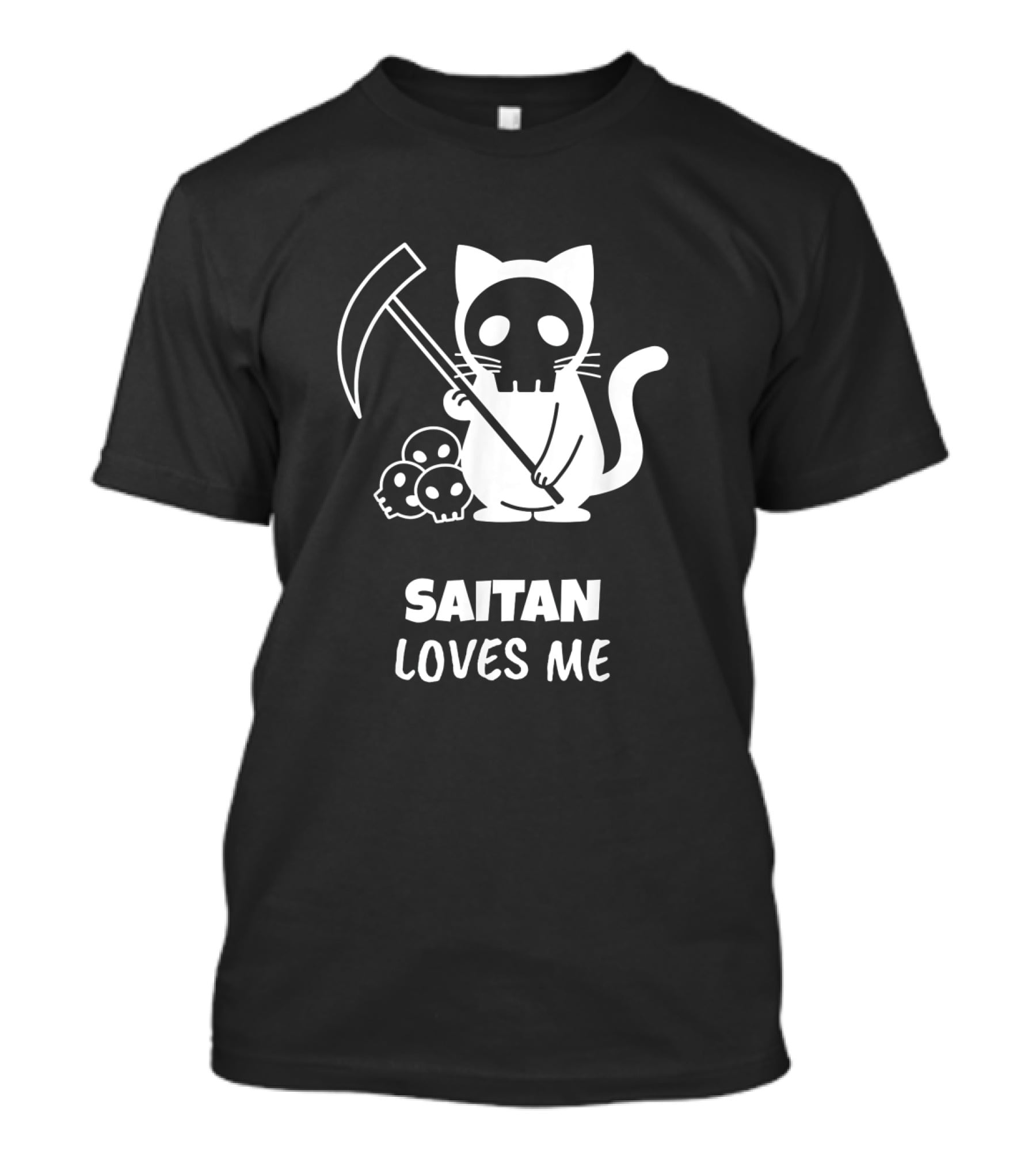 Saitan Katze Loves Me Cartoon Grim Reaper Skull 666 Der Tod T-Shirt