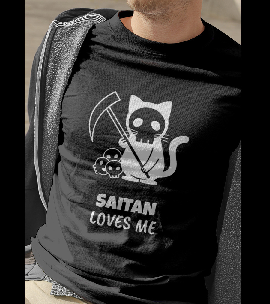 Saitan Katze Loves Me Cartoon Grim Reaper Skull 666 Der Tod T-Shirt