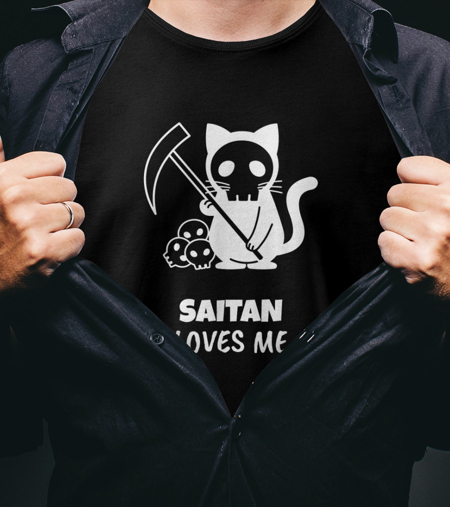 Saitan Katze Loves Me Cartoon Grim Reaper Skull 666 Der Tod T-Shirt