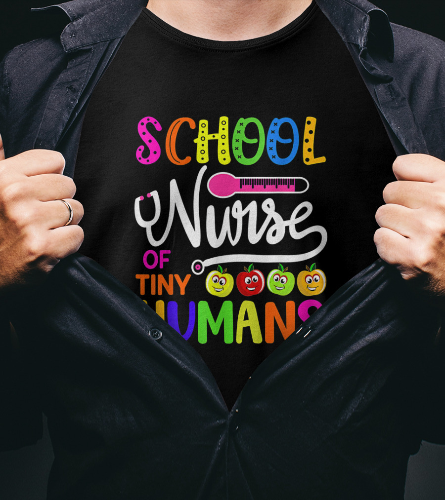 School Nurse Of Tiny Humans Colorful Back To School With Smiling Fruits T-Shirt