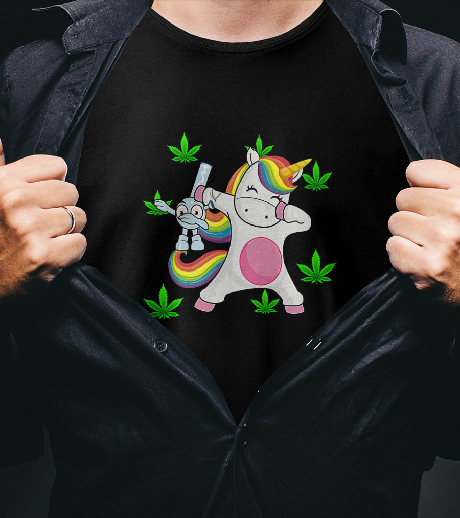 Unicorn Dab With Rainbow Bong Surrounded By Marijuana Leaves T-Shirt
