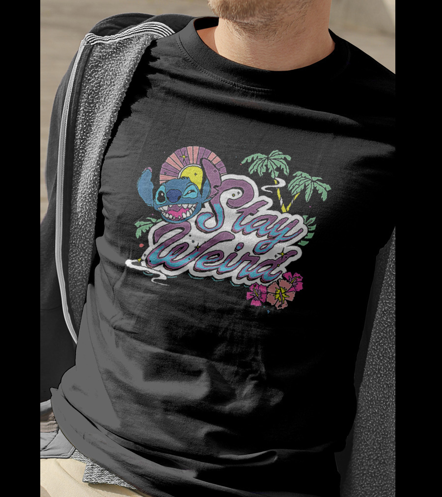 Disney Lilo And Stitch Stay Weird Tropical Vibes With Palm Trees And Hibiscus T-Shirt