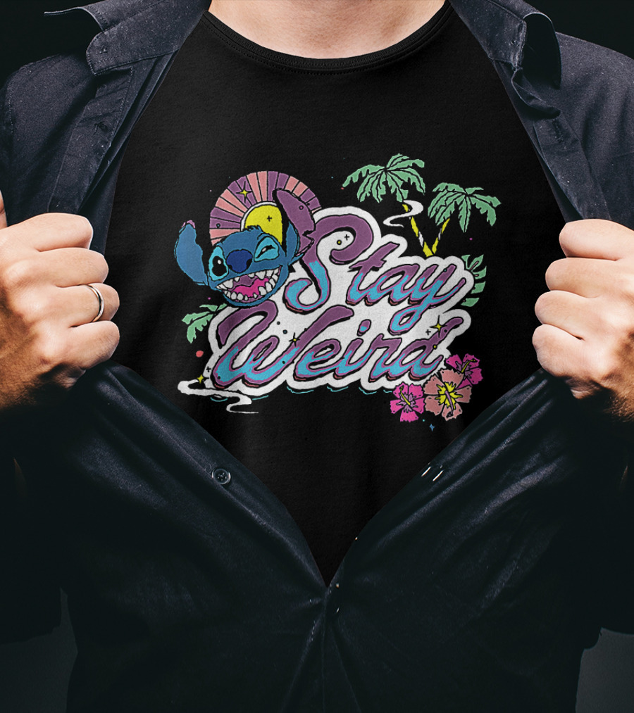 Disney Lilo And Stitch Stay Weird Tropical Vibes With Palm Trees And Hibiscus T-Shirt