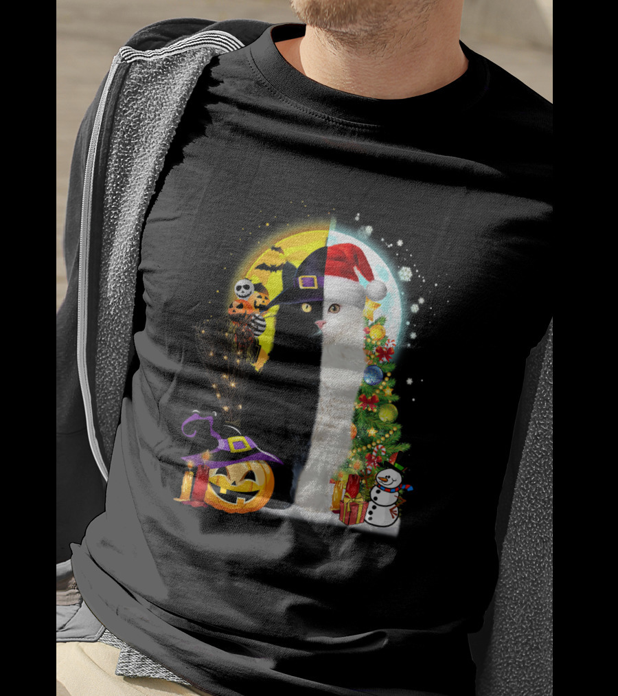 Black And White Cat Halloween Pumpkin Witch Hat And Merry Christmas Tree Santa Hat Snowman T-Shirt
