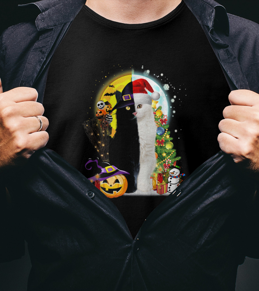 Black And White Cat Halloween Pumpkin Witch Hat And Merry Christmas Tree Santa Hat Snowman T-Shirt