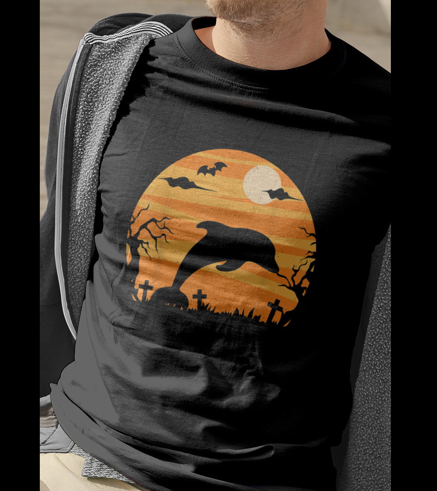 Dolphin Halloween Moon Graveyard Scene With Bats And Trees T-Shirt