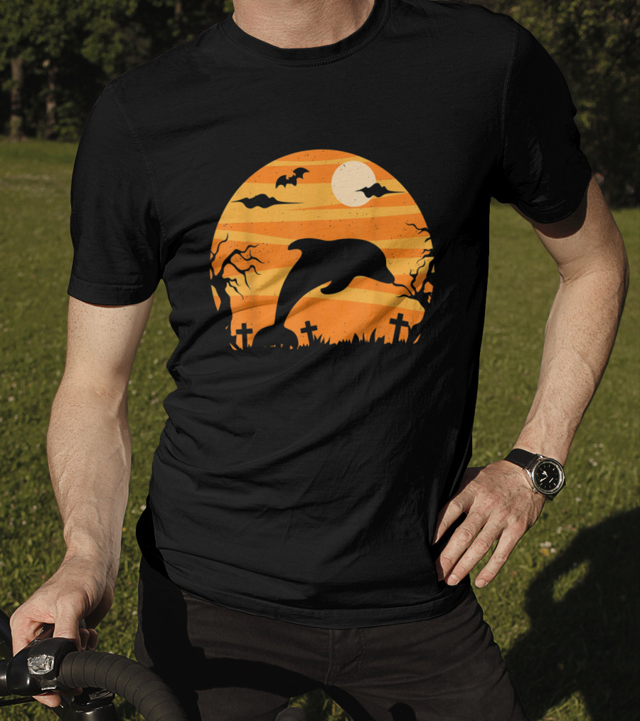 Dolphin Halloween Moon Graveyard Scene With Bats And Trees T-Shirt