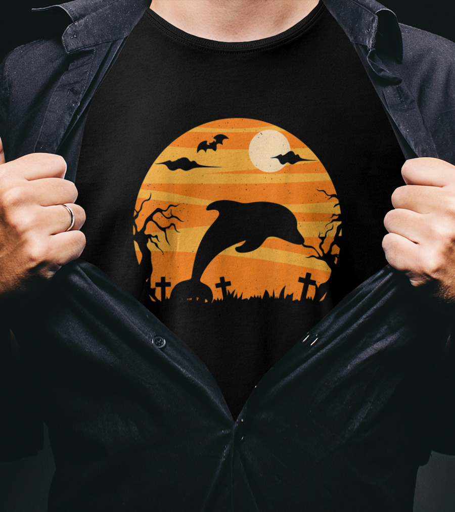 Dolphin Halloween Moon Graveyard Scene With Bats And Trees T-Shirt