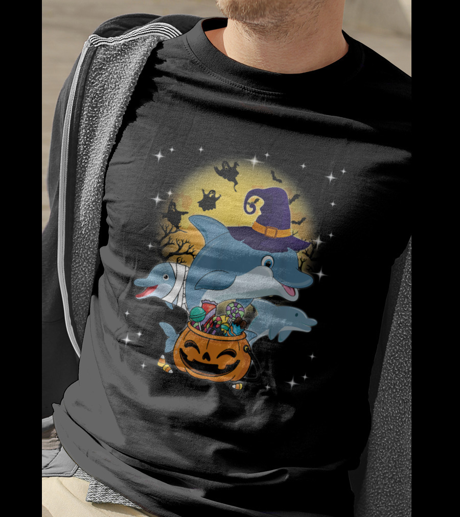 Dolphin Witch And Mummy With Pumpkin Candy Under Halloween Moon With Ghosts T-Shirt