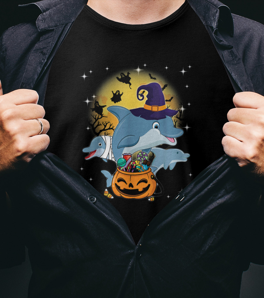 Dolphin Witch And Mummy With Pumpkin Candy Under Halloween Moon With Ghosts T-Shirt