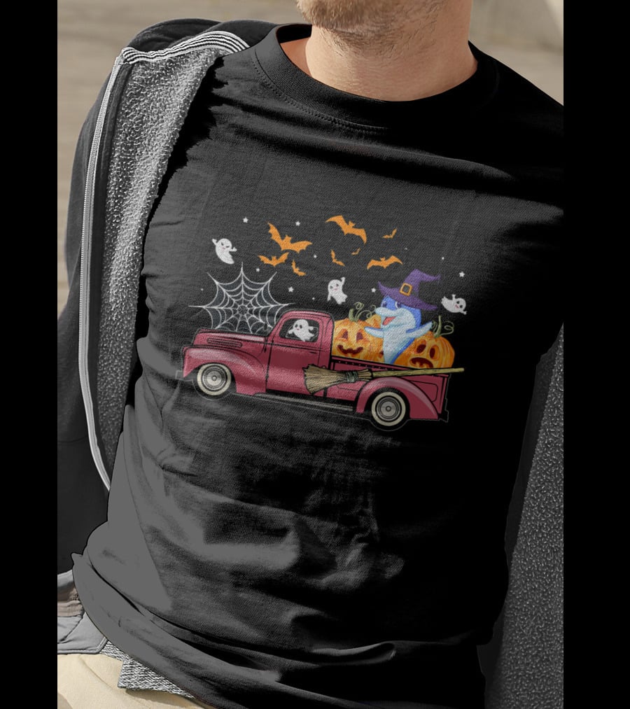 Halloween Ghost Dolphin Riding Red Truck With Pumpkins And Witch Hat T-Shirt