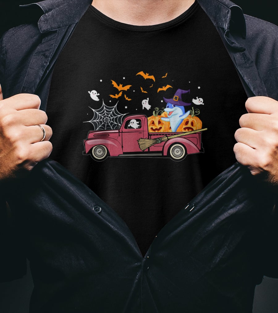 Halloween Ghost Dolphin Riding Red Truck With Pumpkins And Witch Hat T-Shirt