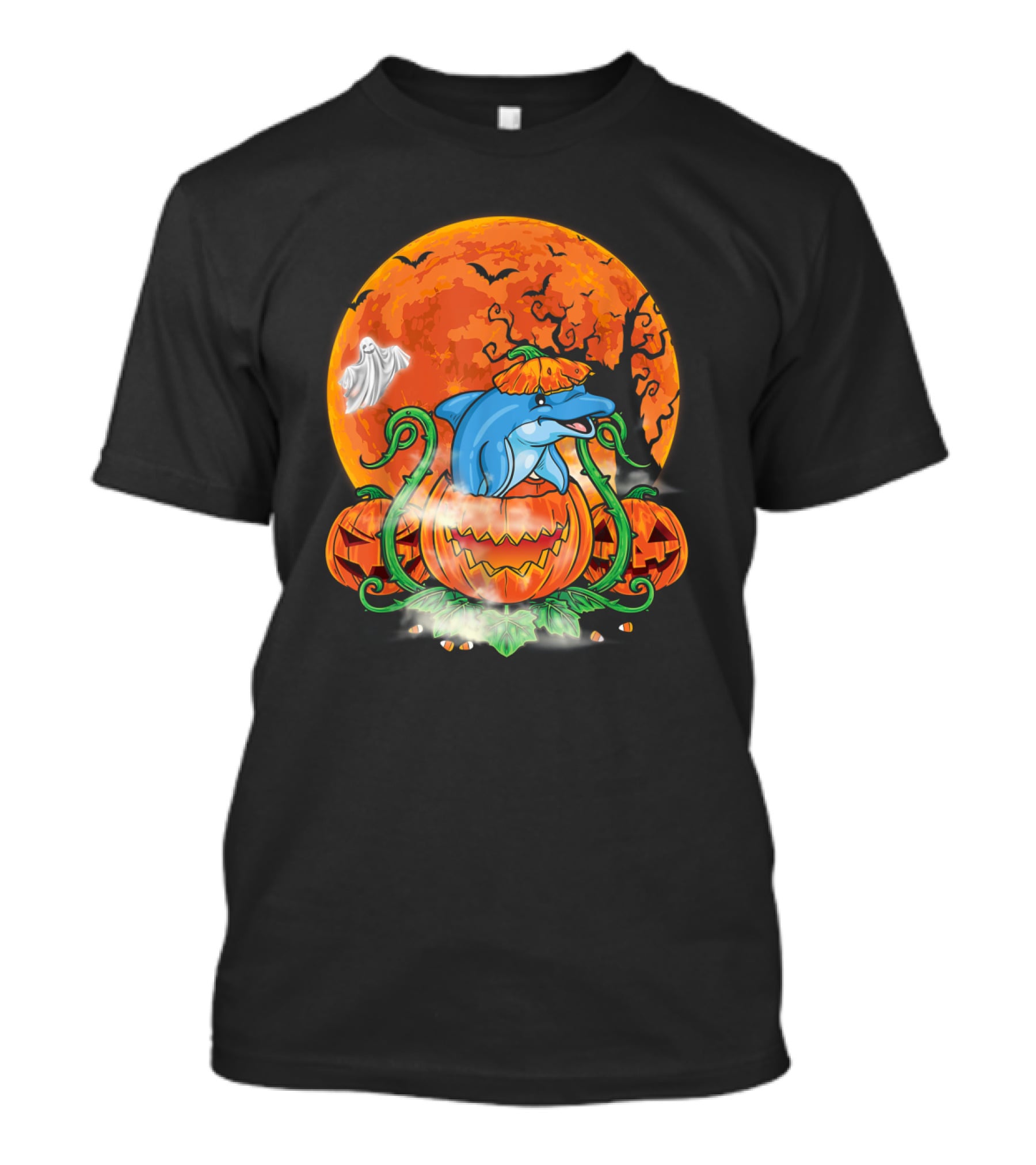 Dolphin Inside Pumpkin With Halloween Moon And Ghost T-Shirt