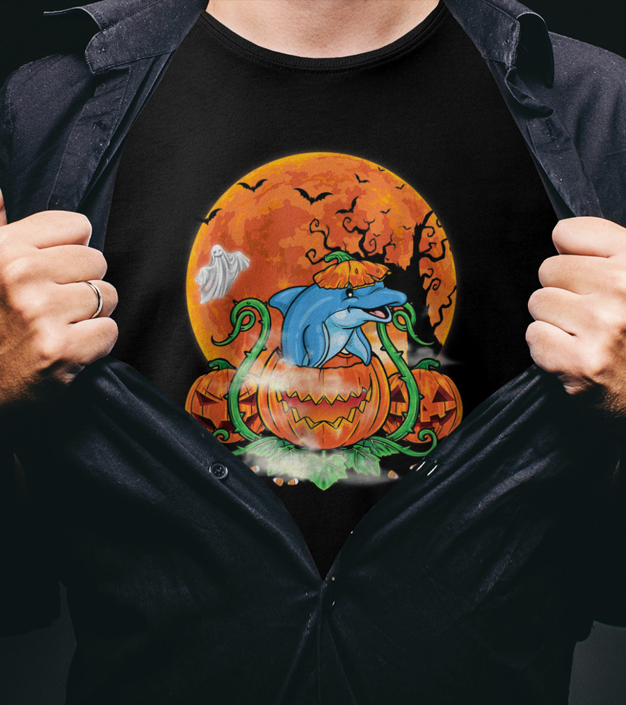 Dolphin Inside Pumpkin With Halloween Moon And Ghost T-Shirt