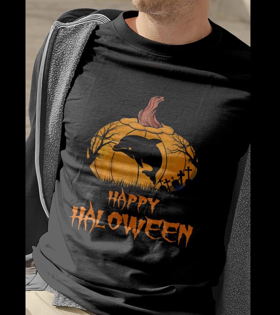 Happy Halloween Dolphin Silhouette In Pumpkin Graveyard Scene T-Shirt