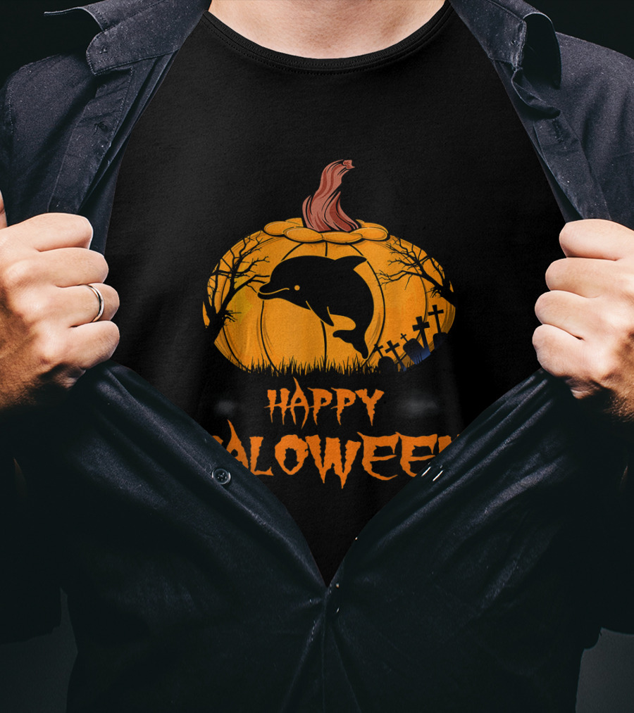 Happy Halloween Dolphin Silhouette In Pumpkin Graveyard Scene T-Shirt