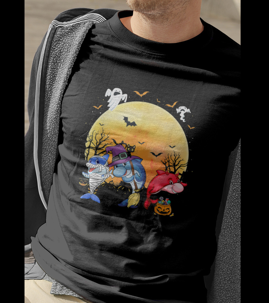 Halloween Dolphins: Mummy, Witch, And Devil With Ghosts And Bats T-Shirt