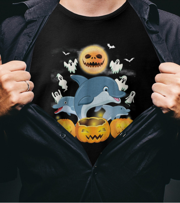 Team Dolphins Halloween Adventure Pumpkin Ghost Moon Bat Fun T-Shirt