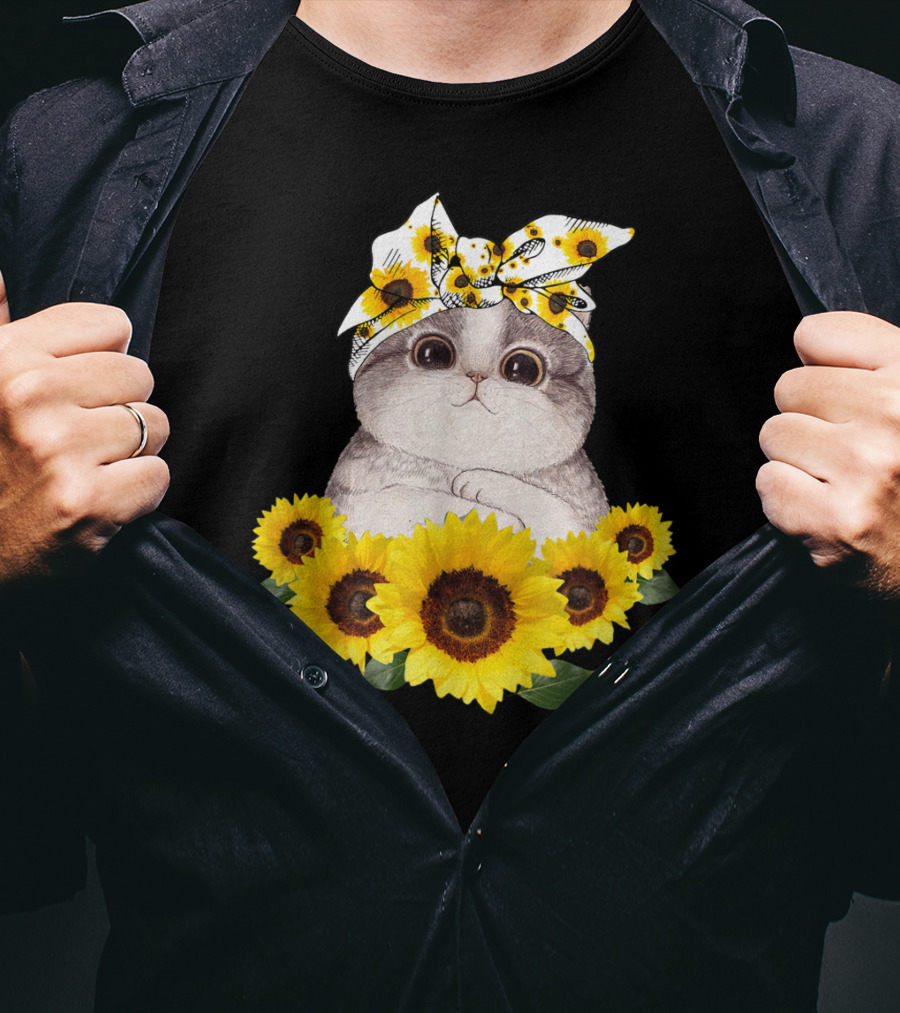 Sunflower Cat Headband Adorable Cats Lovers T-Shirt
