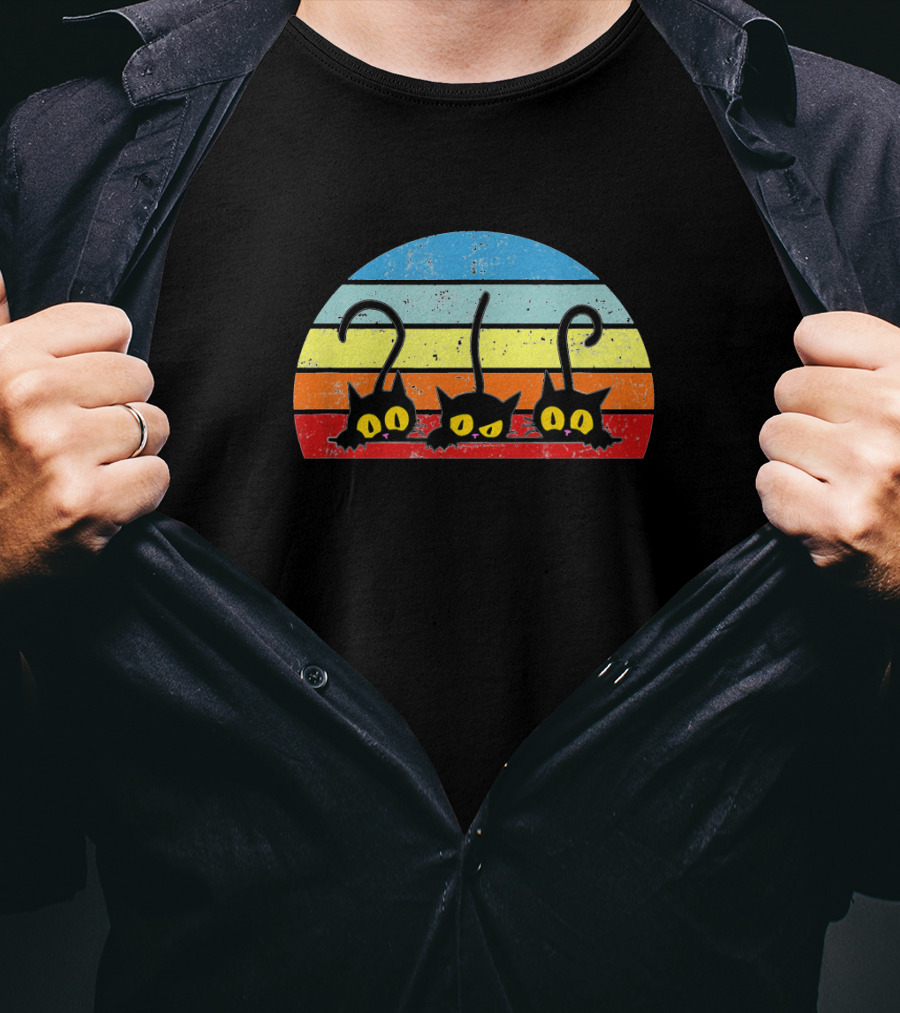 Three Playful Kitties Retro Striped Sunset Background T-Shirt
