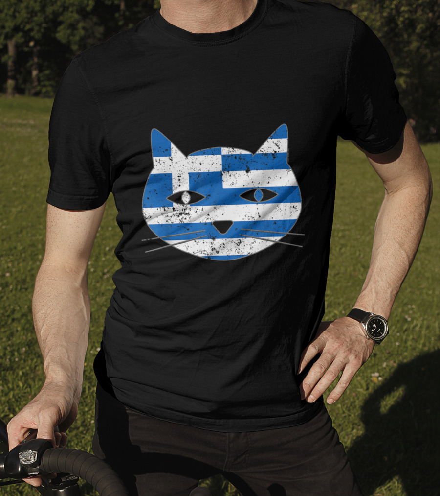 Greek Flag Cat Head Design For Cat Lovers T-Shirt