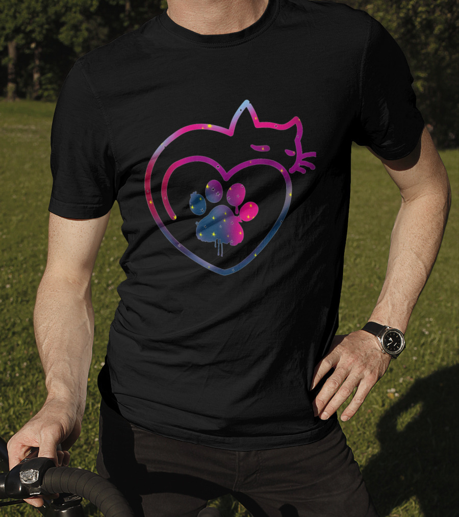 Cute Colorful Cat And Paw Heart Design For Kitty Lovers T-Shirt