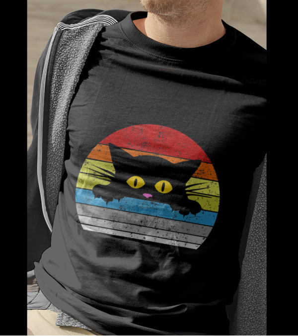 Vintage Rainbow Cat Peeking Retro 80s Style For Cat Lovers T-Shirt