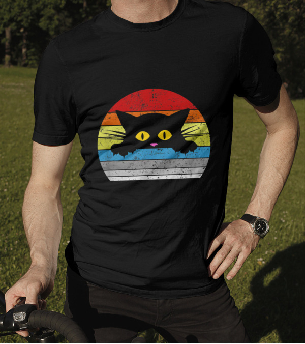 Vintage Rainbow Cat Peeking Retro 80s Style For Cat Lovers T-Shirt