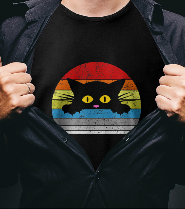 Vintage Rainbow Cat Peeking Retro 80s Style For Cat Lovers T-Shirt