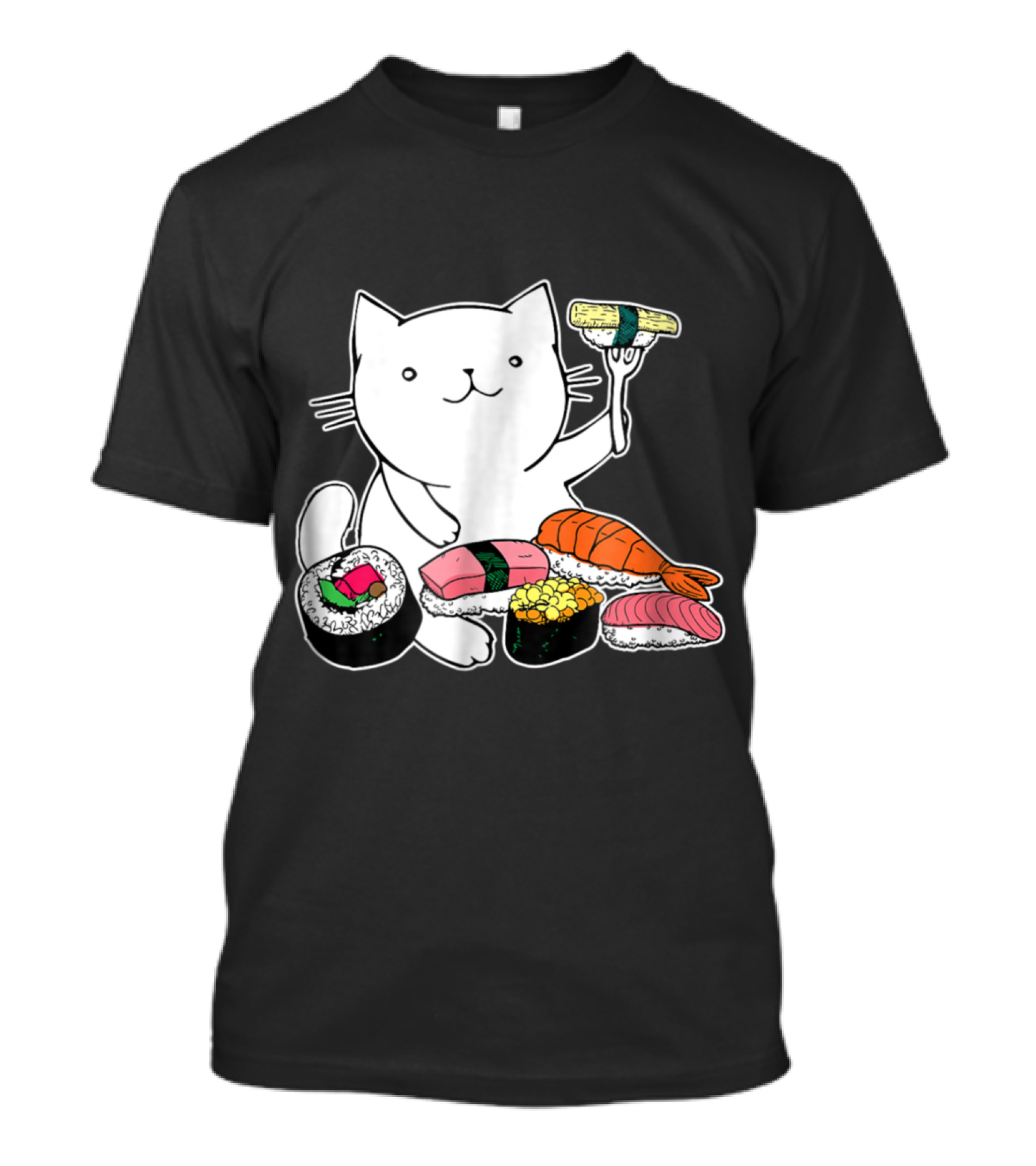 Playful Cat Enjoying Colorful Sushi Plate T-Shirt