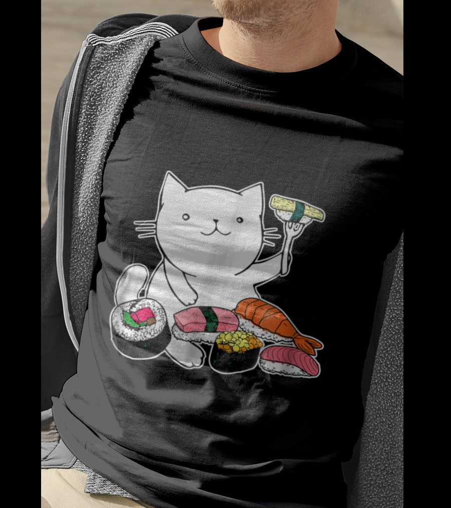 Playful Cat Enjoying Colorful Sushi Plate T-Shirt