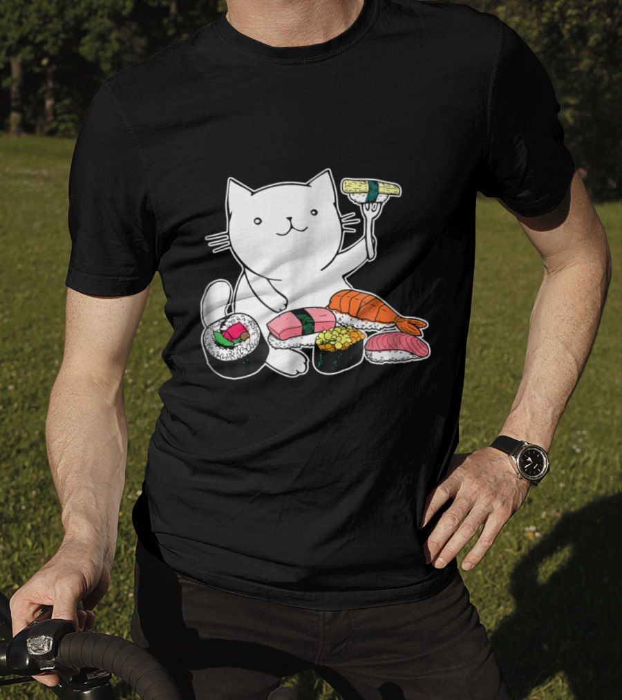 Playful Cat Enjoying Colorful Sushi Plate T-Shirt