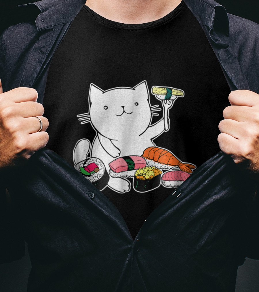 Playful Cat Enjoying Colorful Sushi Plate T-Shirt
