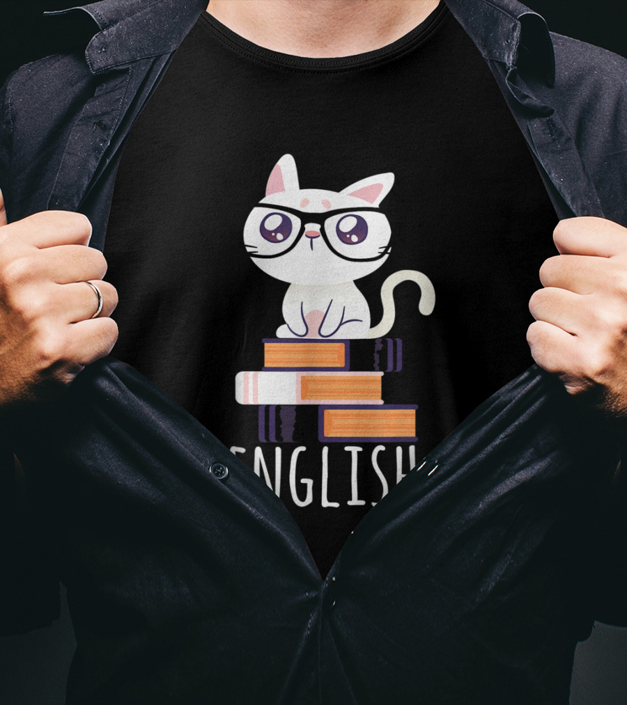 Funny Cat English Teacher Nerd Book Lover Librarian With Glasses And Books T-Shirt