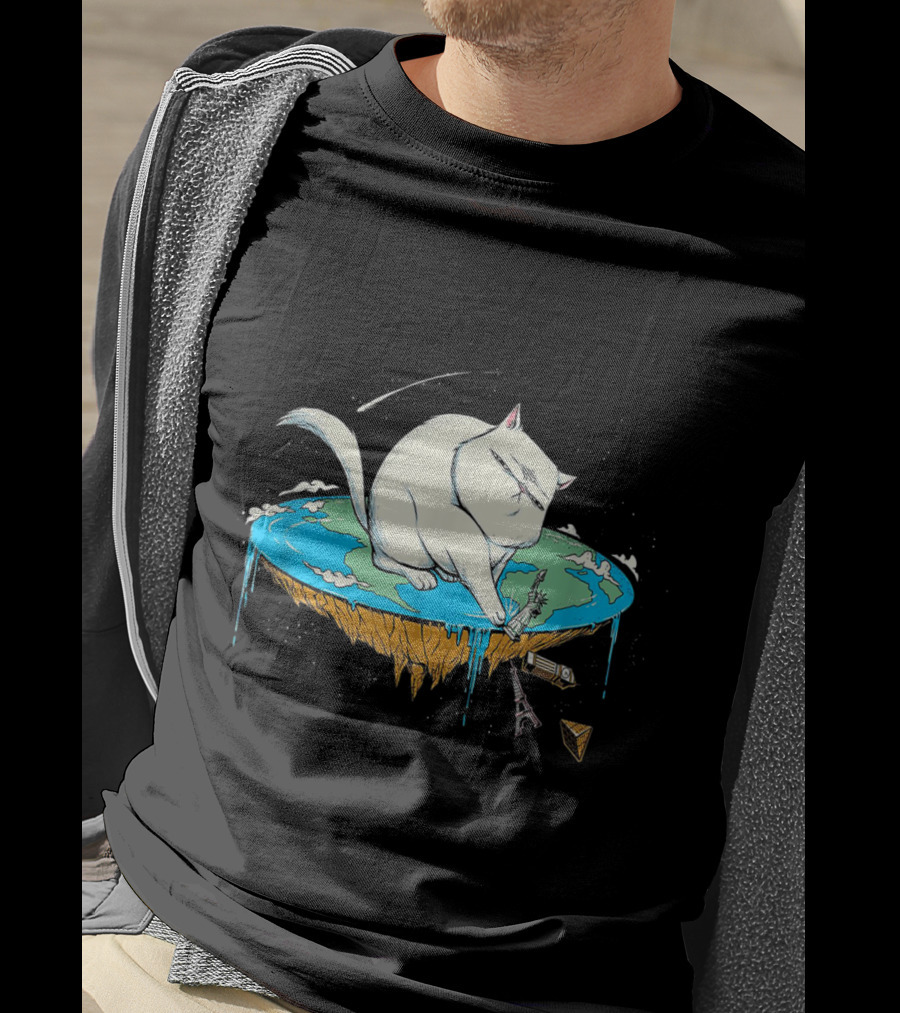 Cat Pawing Flat Earth With Iconic Landmarks For Humorous Cat Lovers T-Shirt