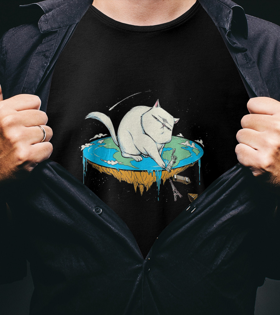 Cat Pawing Flat Earth With Iconic Landmarks For Humorous Cat Lovers T-Shirt