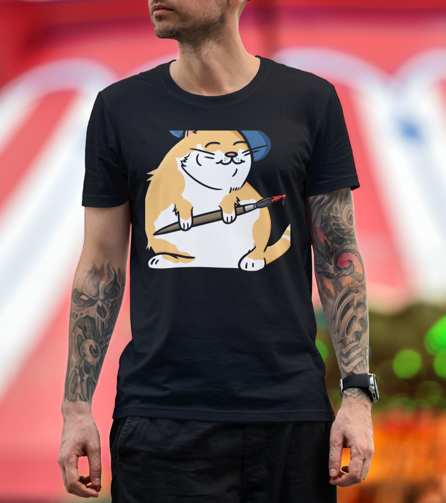Funny Cat French Artist as Feline Claude Monet Parody with Paintbrush and Beret T-Shirt