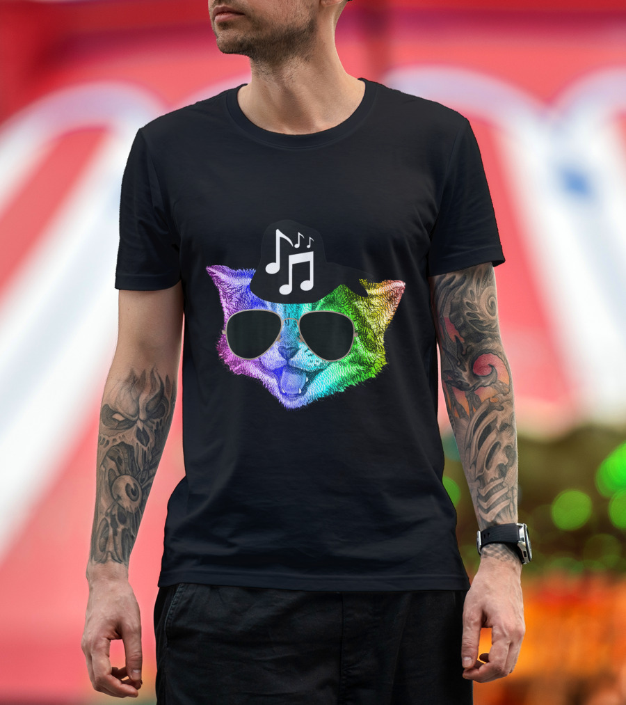 Colorful Rainbow DJ Music Kitty with Sunglasses and Hat for Feline Cat Lovers T-Shirt