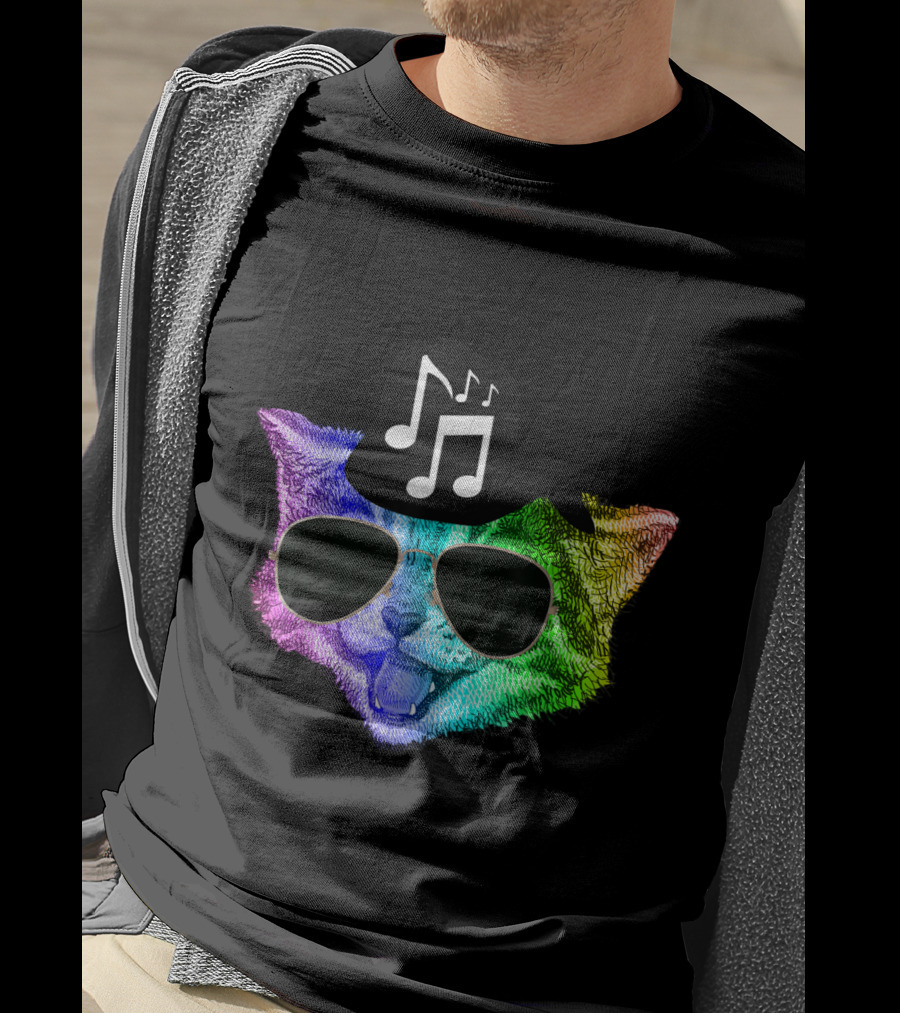 Colorful Rainbow DJ Music Kitty With Sunglasses And Hat For Feline Cat Lovers T-Shirt