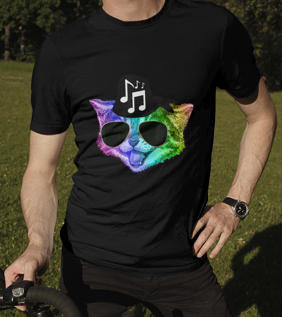 Colorful Rainbow DJ Music Kitty With Sunglasses And Hat For Feline Cat Lovers T-Shirt