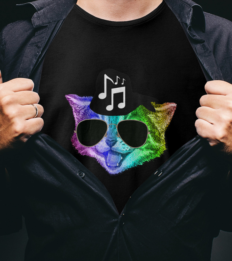 Colorful Rainbow DJ Music Kitty With Sunglasses And Hat For Feline Cat Lovers T-Shirt