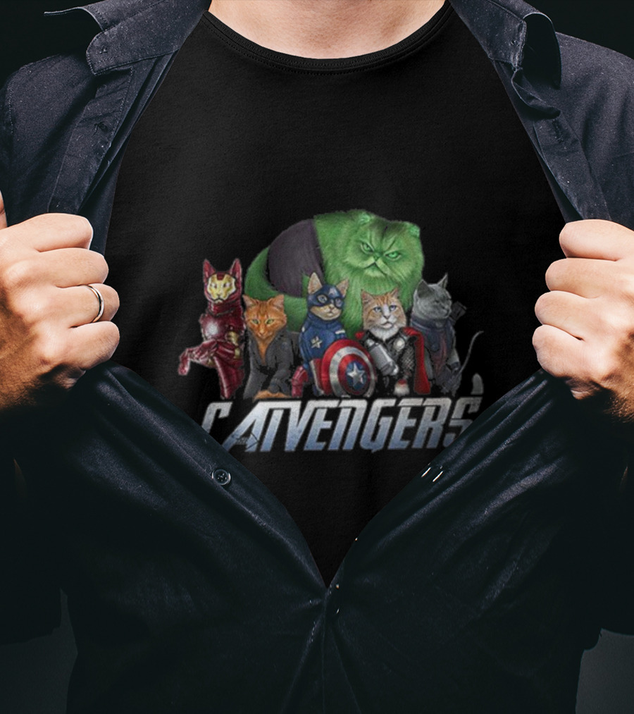 Catvengers Parody Cat Lovers Pun Featuring Hero Cats In Cosplay T-Shirt