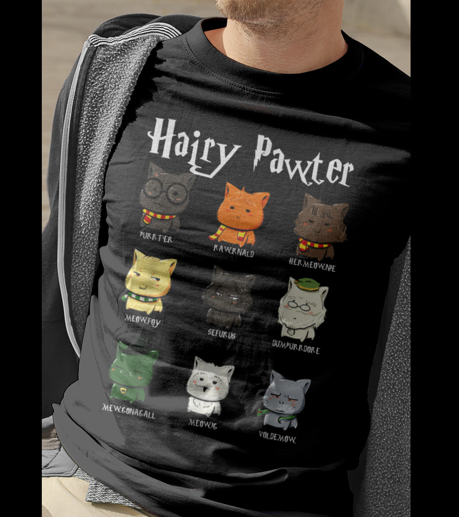 Hairy Pawter Purrter Rawrnald Hermeowne Meowfoy Seferus Dumblepurr Meowgonagall Meowg VoldeMew T-Shirt
